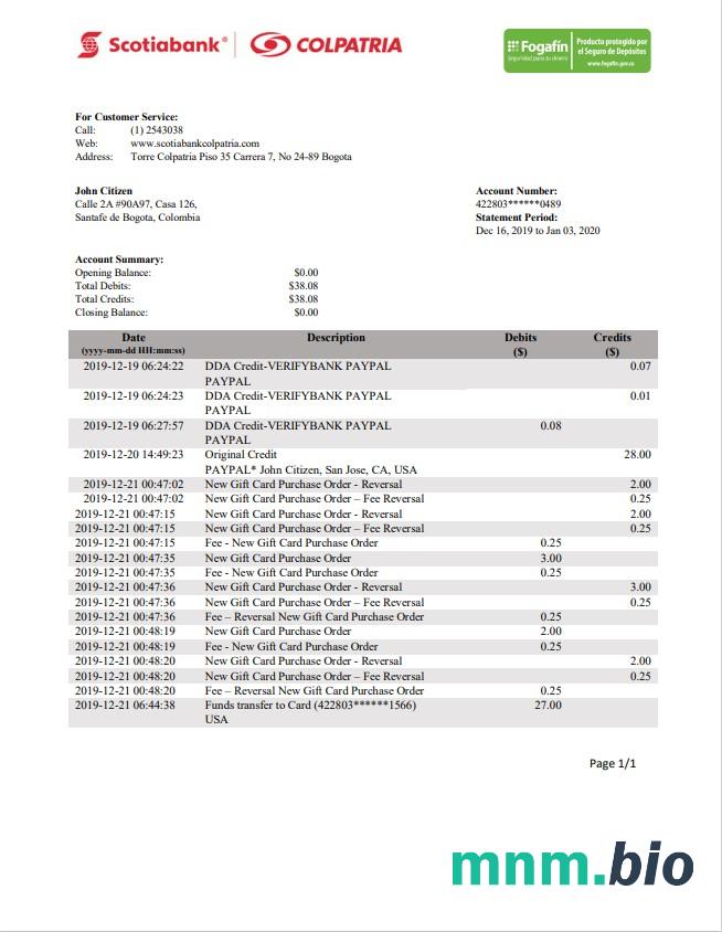 Colombia Scotiabank Colpatria szablon w formacie excel pdf